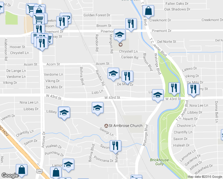 map of restaurants, bars, coffee shops, grocery stores, and more near 4323 Mangum Road in Houston
