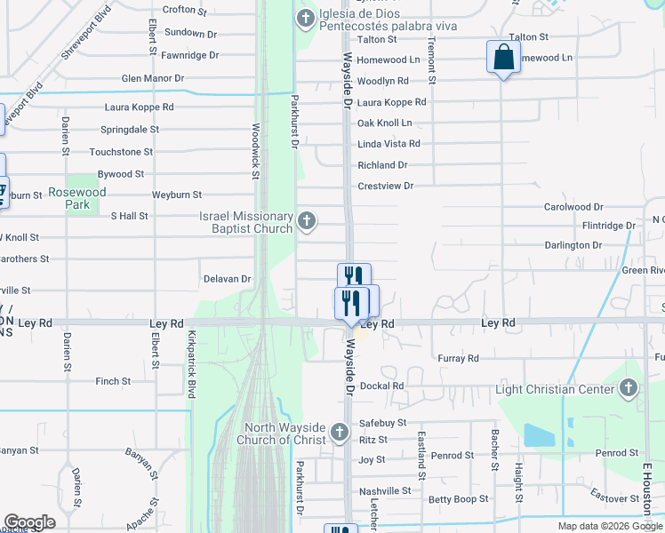 map of restaurants, bars, coffee shops, grocery stores, and more near 7803 North Wayside Drive in Houston