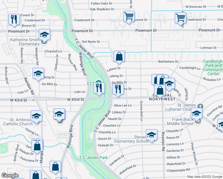 map of restaurants, bars, coffee shops, grocery stores, and more near T C Jester Boulevard in Houston