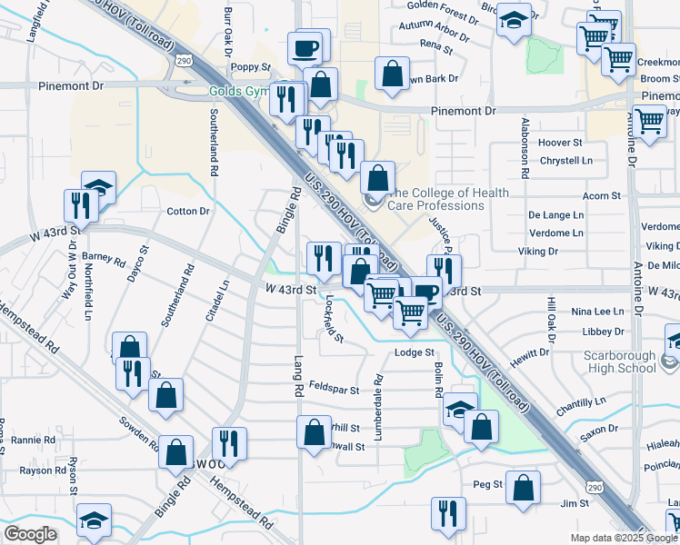 map of restaurants, bars, coffee shops, grocery stores, and more near 6510 West 43rd Street in Houston