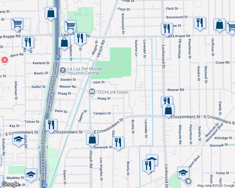 map of restaurants, bars, coffee shops, grocery stores, and more near 4422 Weaver Road in Houston