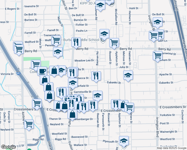 map of restaurants, bars, coffee shops, grocery stores, and more near 7910 Bauman Road in Houston