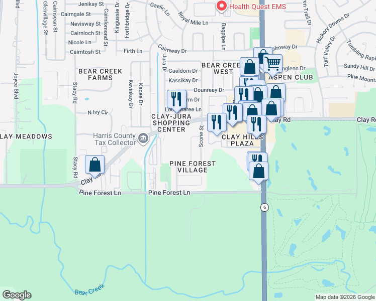 map of restaurants, bars, coffee shops, grocery stores, and more near 4123 Park Douglas Drive in Houston