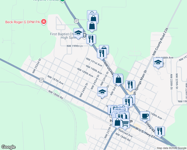 map of restaurants, bars, coffee shops, grocery stores, and more near 18855 Northwest 243rd Street in High Springs