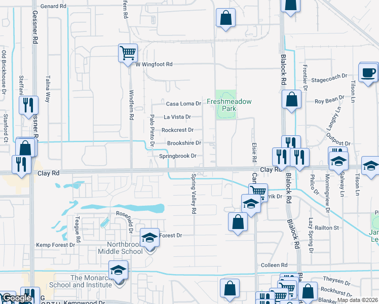 map of restaurants, bars, coffee shops, grocery stores, and more near 9722 Springbrook Drive in Houston