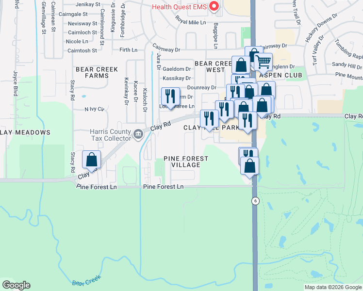 map of restaurants, bars, coffee shops, grocery stores, and more near 4123 Park Douglas Drive in Houston