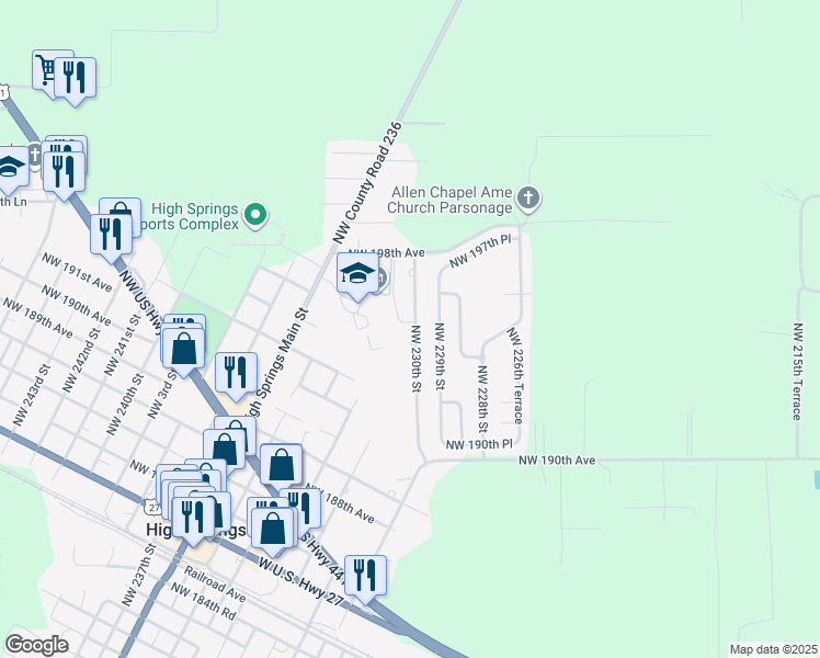 map of restaurants, bars, coffee shops, grocery stores, and more near 19488 Northwest 230th Street in High Springs