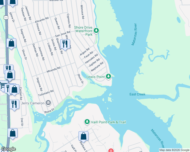 map of restaurants, bars, coffee shops, grocery stores, and more near 3602 Shore Drive in St. Augustine