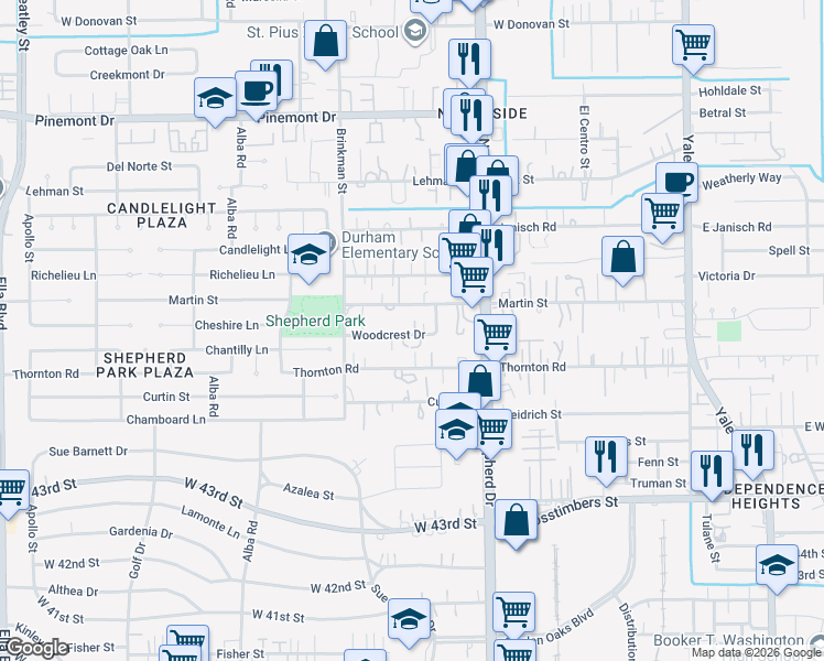 map of restaurants, bars, coffee shops, grocery stores, and more near 811 Woodcrest Drive in Houston