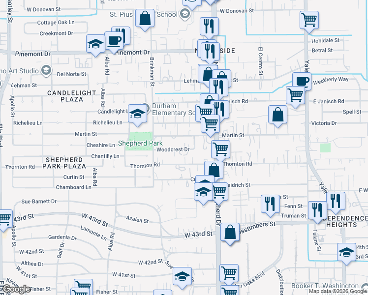 map of restaurants, bars, coffee shops, grocery stores, and more near 811 Woodcrest Drive in Houston