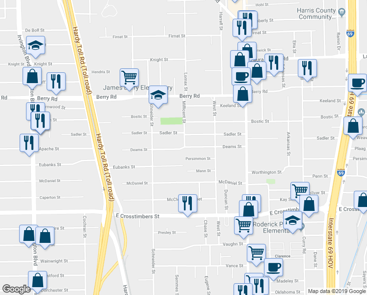 map of restaurants, bars, coffee shops, grocery stores, and more near 2027 Deams Street in Houston