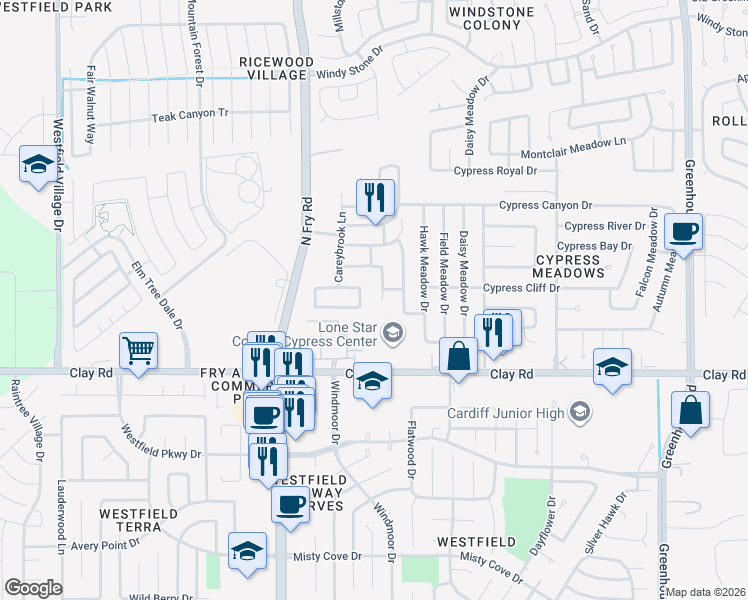map of restaurants, bars, coffee shops, grocery stores, and more near 4202 Audrey Manor Lane in Katy