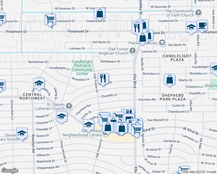 map of restaurants, bars, coffee shops, grocery stores, and more near 1313 Cheshire Lane in Houston