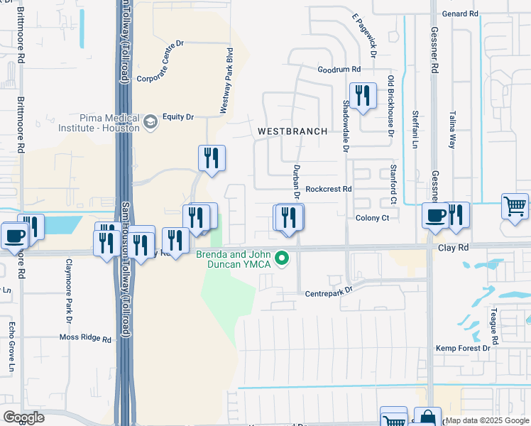 map of restaurants, bars, coffee shops, grocery stores, and more near 10727 Brookshire Lane in Houston