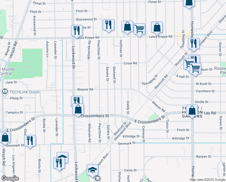 map of restaurants, bars, coffee shops, grocery stores, and more near 8011 Shotwell Street in Houston