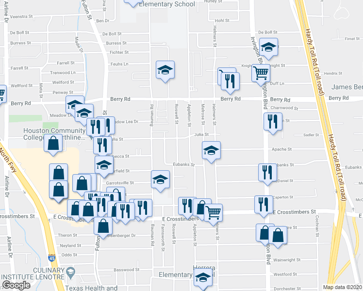 map of restaurants, bars, coffee shops, grocery stores, and more near 7811 Appleton Street in Houston