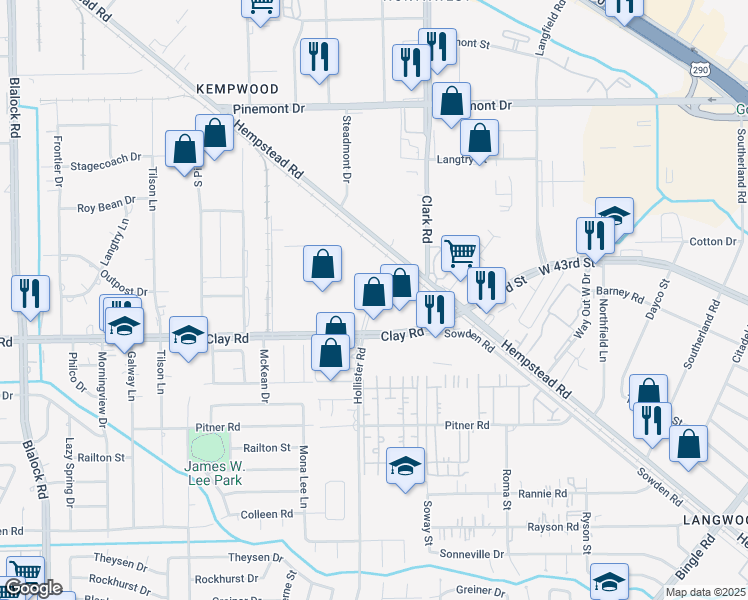 map of restaurants, bars, coffee shops, grocery stores, and more near 8758 Clay Road in Houston