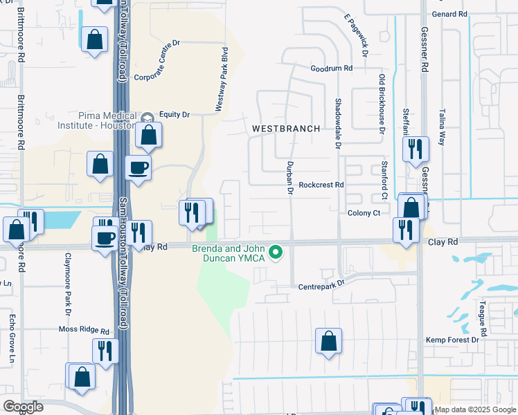 map of restaurants, bars, coffee shops, grocery stores, and more near 10727 Brookshire Lane in Houston
