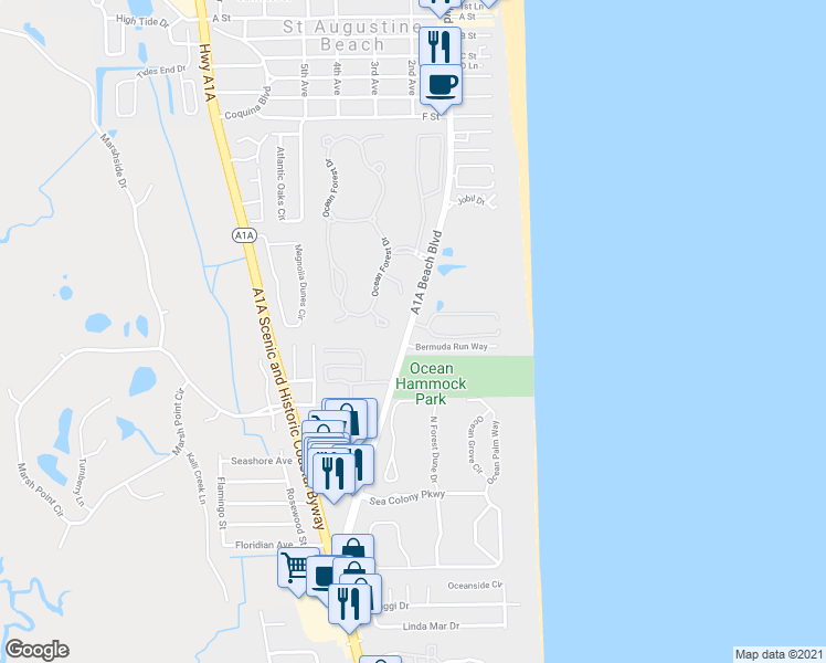 map of restaurants, bars, coffee shops, grocery stores, and more near 32 Bermuda Run Way in St. Augustine