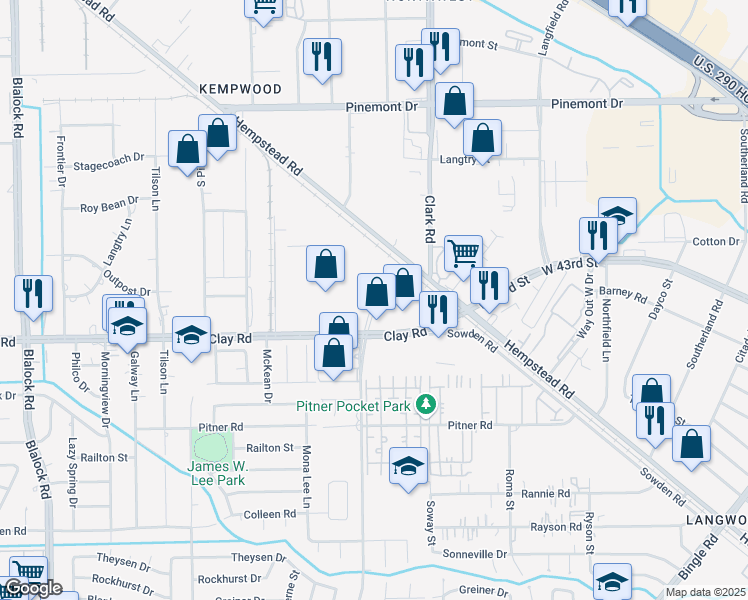 map of restaurants, bars, coffee shops, grocery stores, and more near Hollister Road in Houston
