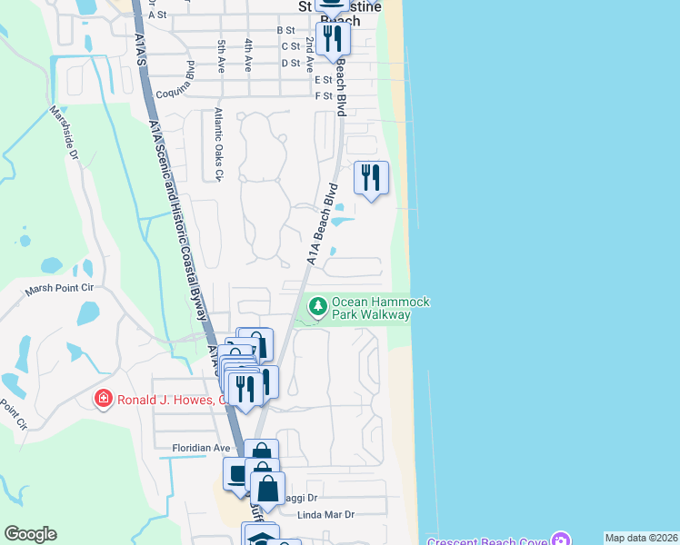 map of restaurants, bars, coffee shops, grocery stores, and more near 890 A1A Beach Boulevard in St. Augustine