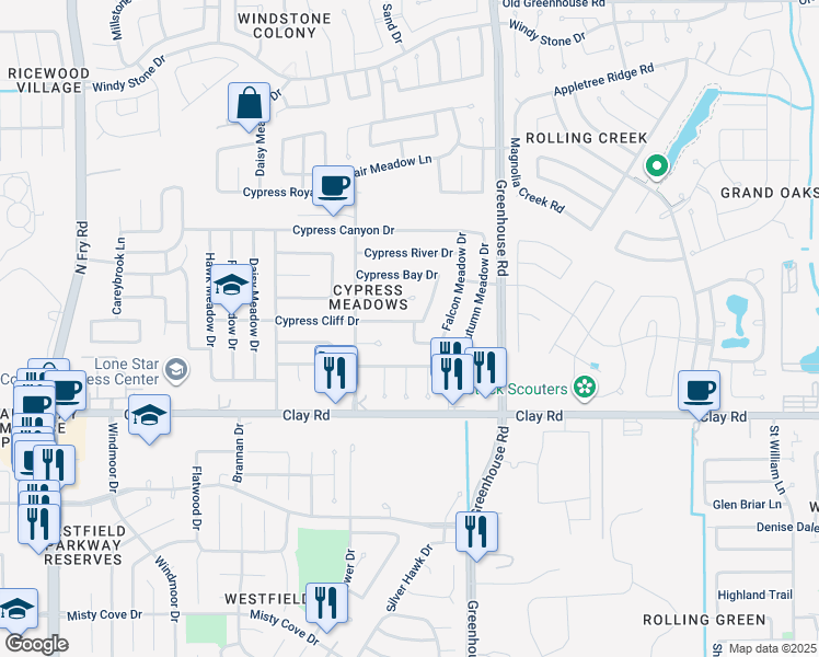 map of restaurants, bars, coffee shops, grocery stores, and more near 19223 Cypress Arbor Drive in Katy