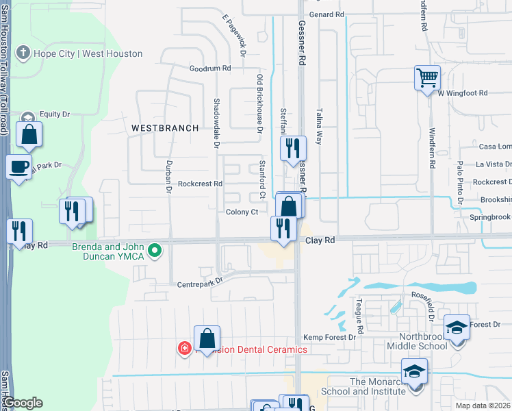 map of restaurants, bars, coffee shops, grocery stores, and more near 10303 Colony Court in Houston