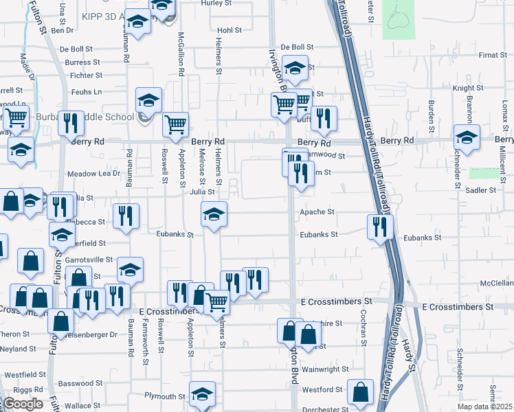 map of restaurants, bars, coffee shops, grocery stores, and more near 702 Apache Street in Houston