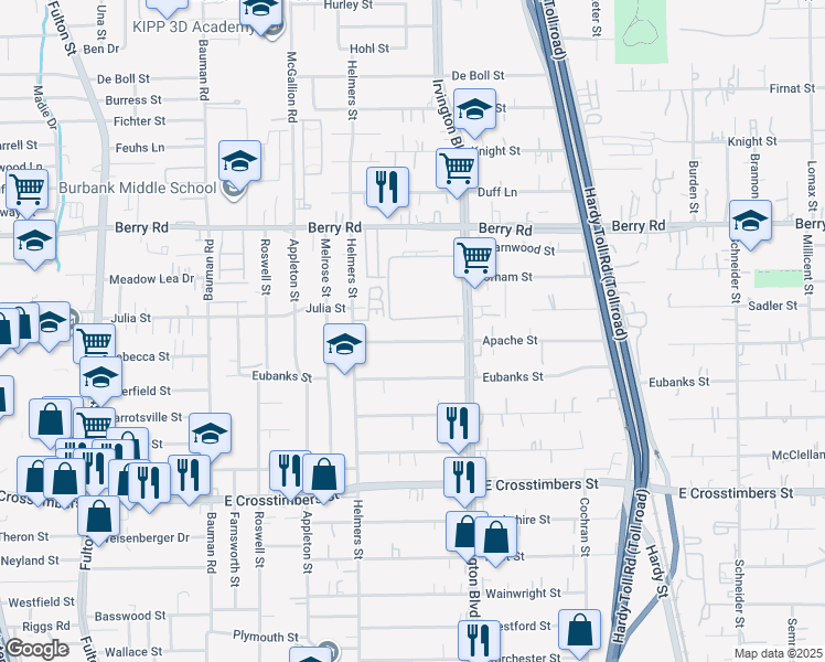 map of restaurants, bars, coffee shops, grocery stores, and more near 702 Apache Street in Houston