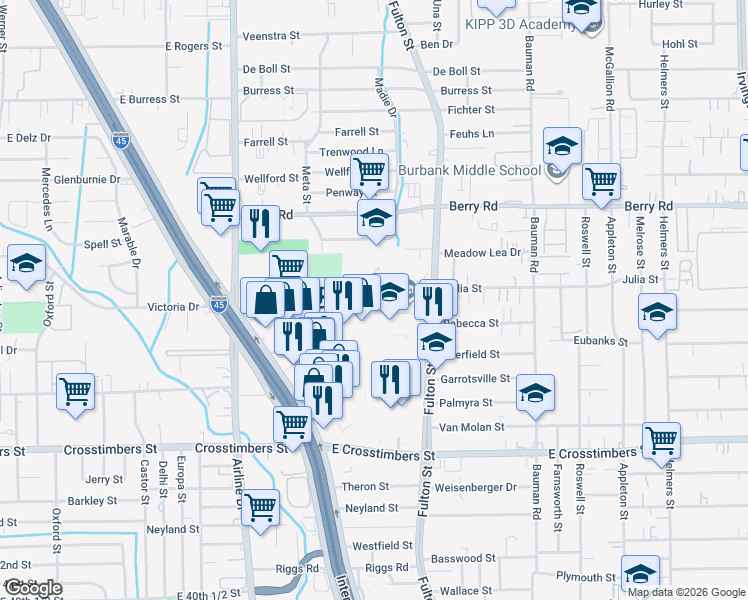 map of restaurants, bars, coffee shops, grocery stores, and more near 4428 North Freeway in Houston