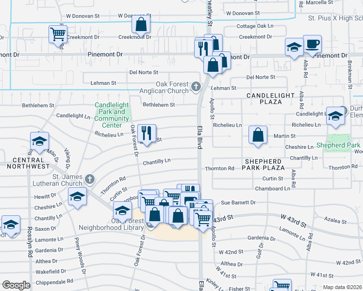 map of restaurants, bars, coffee shops, grocery stores, and more near 1235 Cheshire Lane in Houston