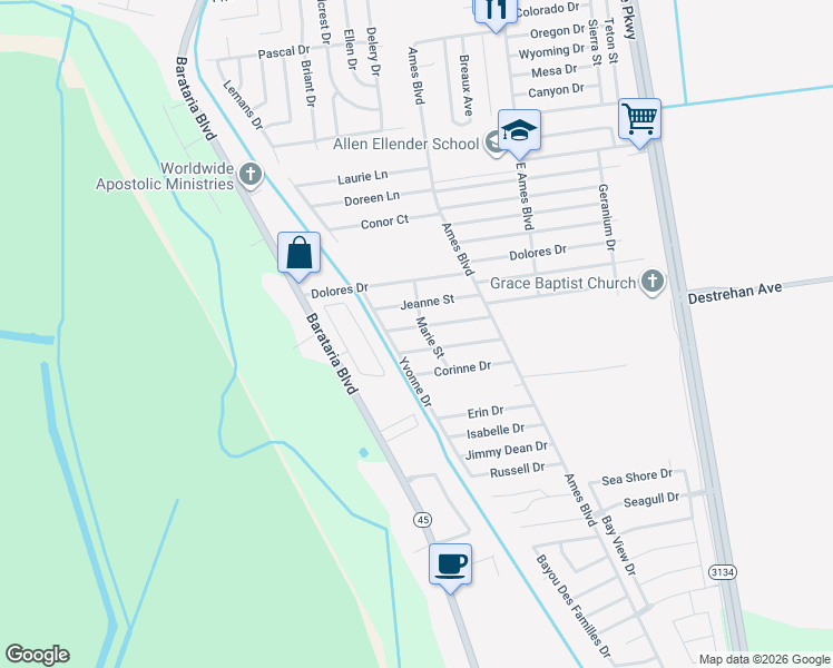 map of restaurants, bars, coffee shops, grocery stores, and more near 2809 Blanche Street in Marrero