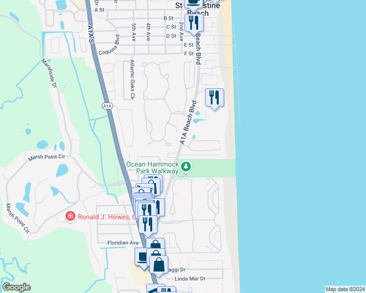 map of restaurants, bars, coffee shops, grocery stores, and more near 890 A1A Beach Boulevard in Saint Augustine