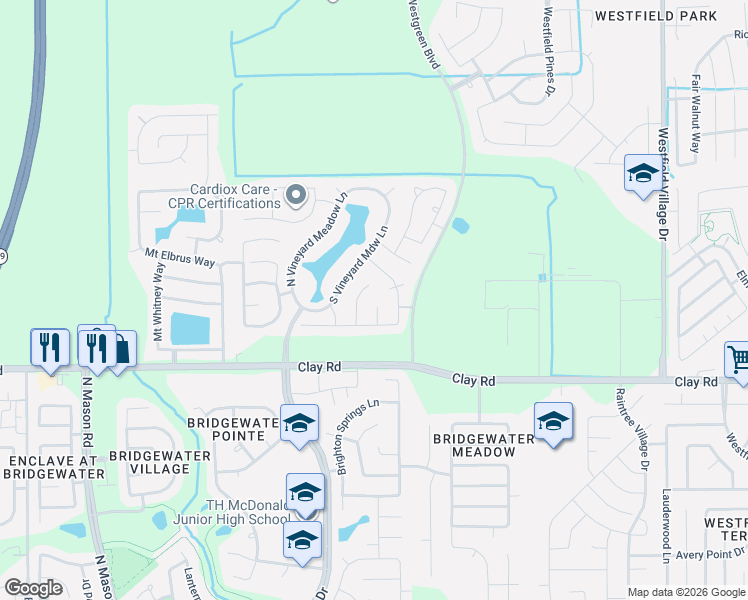 map of restaurants, bars, coffee shops, grocery stores, and more near 4107 Chablis Ridge Court in Katy