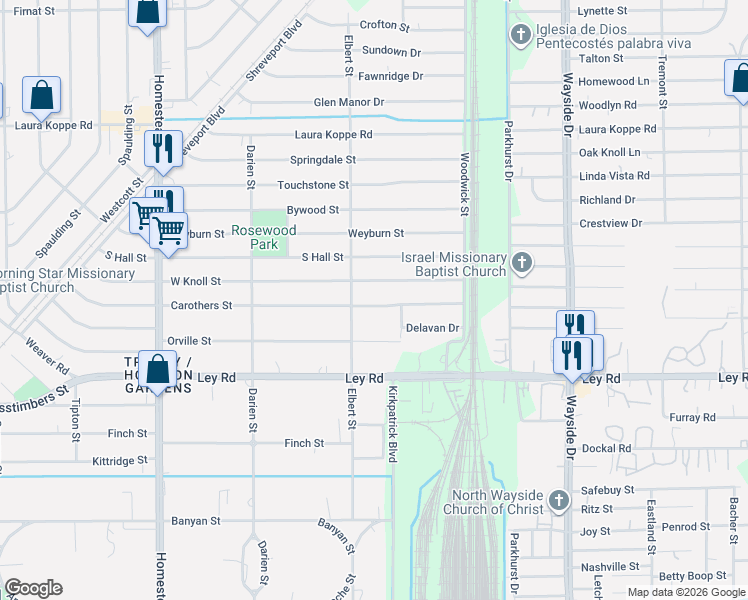 map of restaurants, bars, coffee shops, grocery stores, and more near 7502 Carothers Street in Houston
