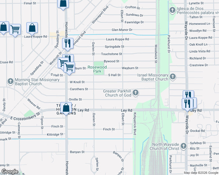 map of restaurants, bars, coffee shops, grocery stores, and more near 7422 Carothers Street in Houston