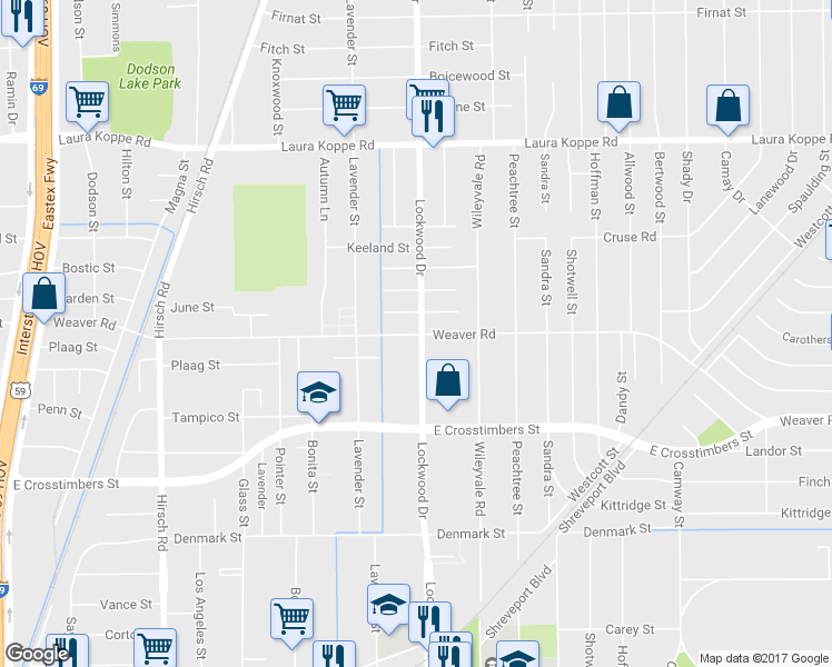 map of restaurants, bars, coffee shops, grocery stores, and more near 7947 Lockwood Drive in Houston