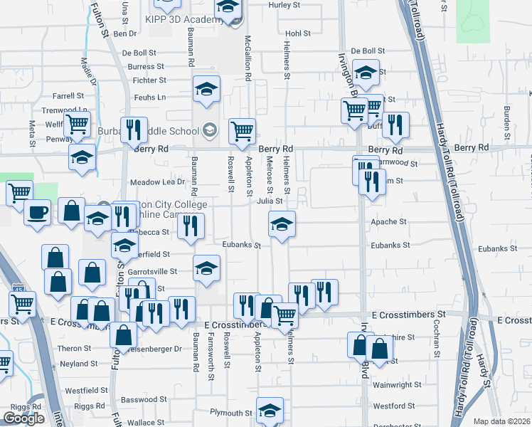 map of restaurants, bars, coffee shops, grocery stores, and more near 7821 Melrose Street in Houston