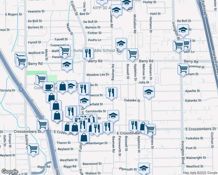 map of restaurants, bars, coffee shops, grocery stores, and more near 7910 Bauman Road in Houston