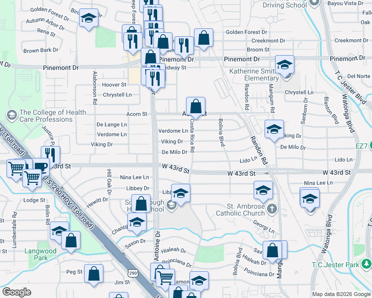 map of restaurants, bars, coffee shops, grocery stores, and more near 5313 De Milo Drive in Houston