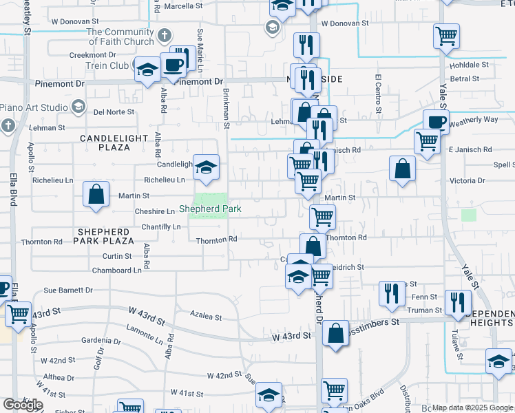 map of restaurants, bars, coffee shops, grocery stores, and more near 907 Woodcrest Drive in Houston