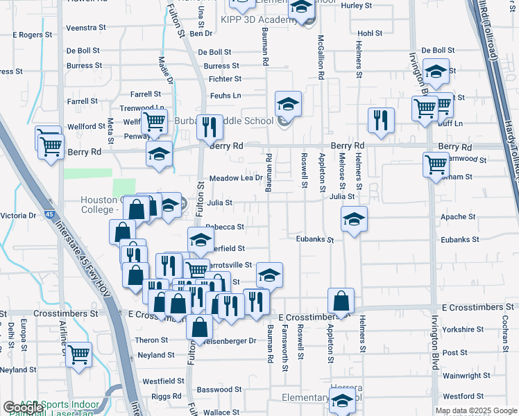map of restaurants, bars, coffee shops, grocery stores, and more near 7910 Bauman Road in Houston