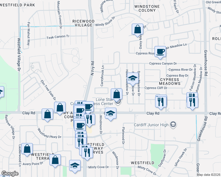 map of restaurants, bars, coffee shops, grocery stores, and more near 19911 Drake Shadows Lane in Katy