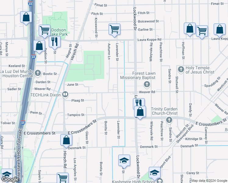 map of restaurants, bars, coffee shops, grocery stores, and more near 4679 Weaver Road in Houston