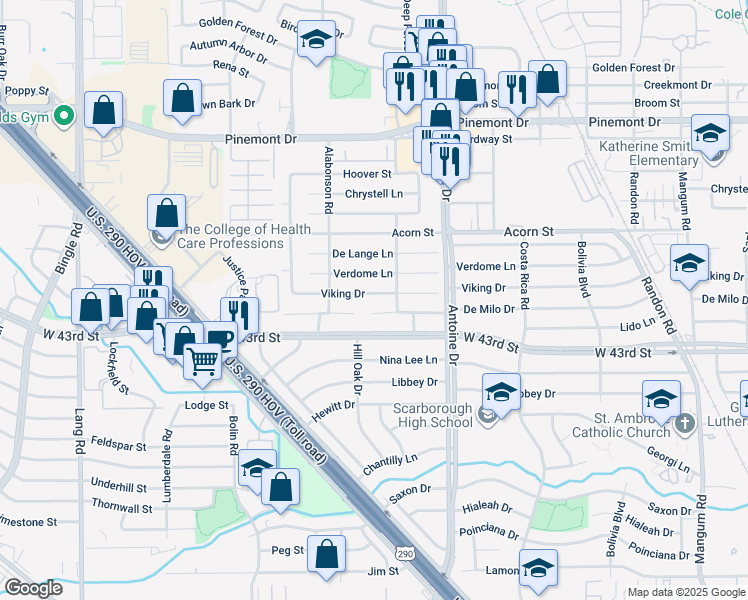 map of restaurants, bars, coffee shops, grocery stores, and more near 5803 Verdome Lane in Houston