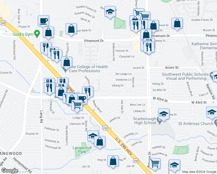 map of restaurants, bars, coffee shops, grocery stores, and more near 6015 Viking Drive in Houston