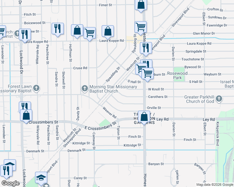 map of restaurants, bars, coffee shops, grocery stores, and more near 6803 Carothers Street in Houston