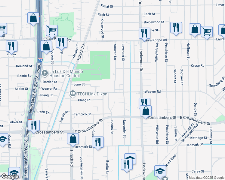 map of restaurants, bars, coffee shops, grocery stores, and more near 8123 Autumn Lane in Houston