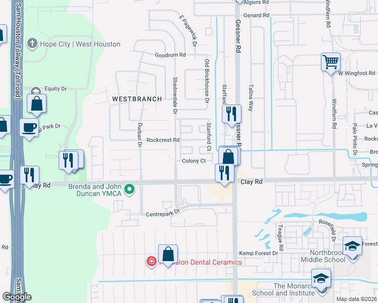 map of restaurants, bars, coffee shops, grocery stores, and more near 10265 Rockcrest Road in Houston
