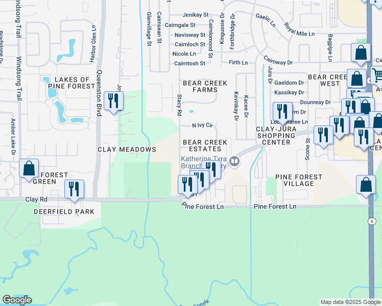 map of restaurants, bars, coffee shops, grocery stores, and more near 17150 South Ivy Circle in Houston